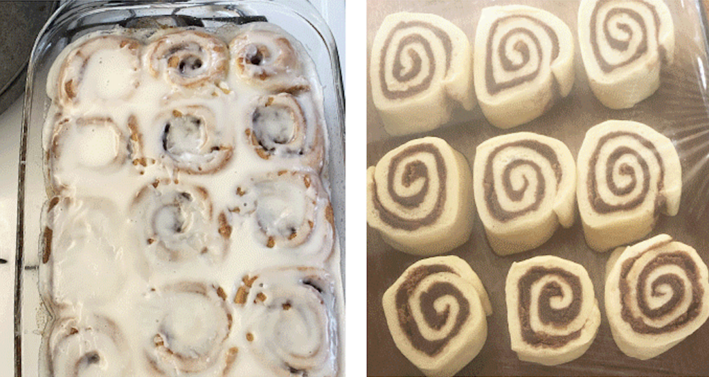 2 images of homemade cinnamon rolls, one baked and glazed, the other before baking, for cozy fall inspiration